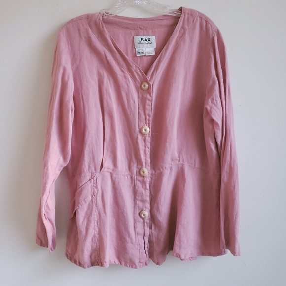 Flax Tops - Flax Pink Linen Button Front Cover Up Long Sleeve Blouse